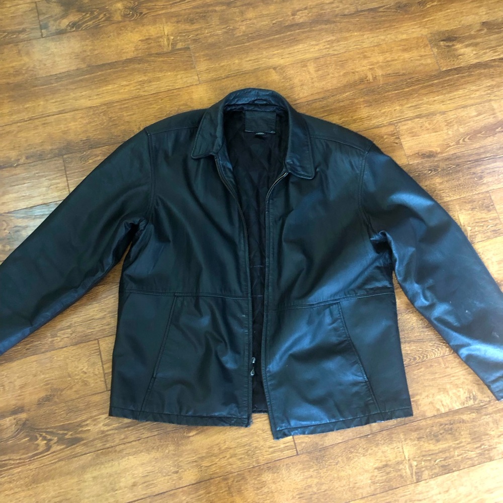 Black genuine leather jacket 
Size: Large
Brand: Knights Bridge